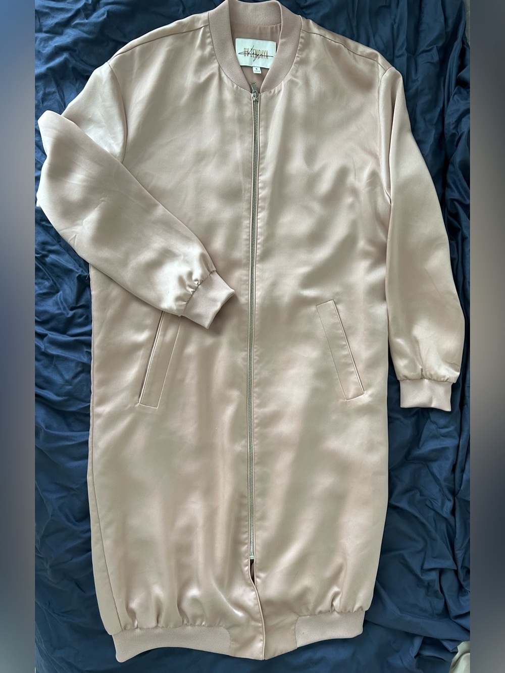 Aritzia Satin Bomber Coat in Light Taupe Blush